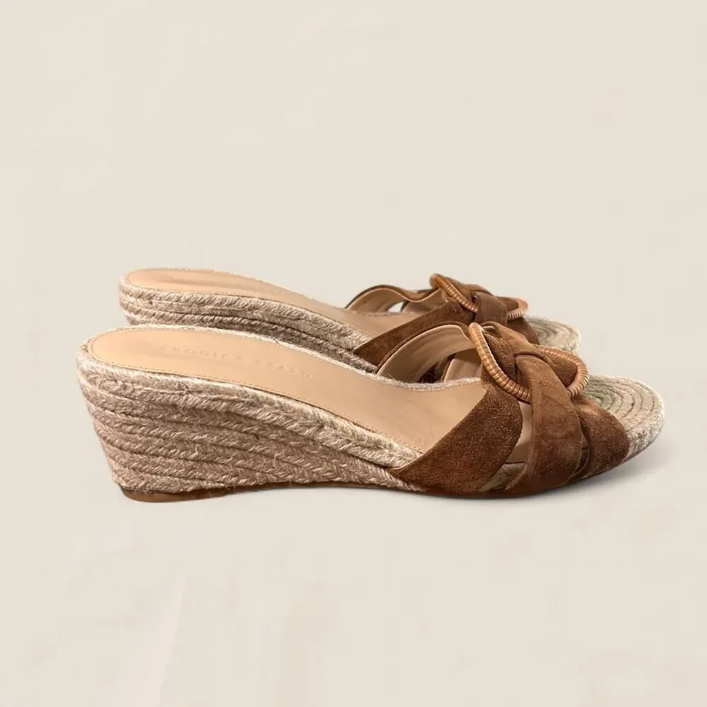 Veronica Beard Ivy Espadrille Wedge Sandal cognac suede raffia buckle size 11